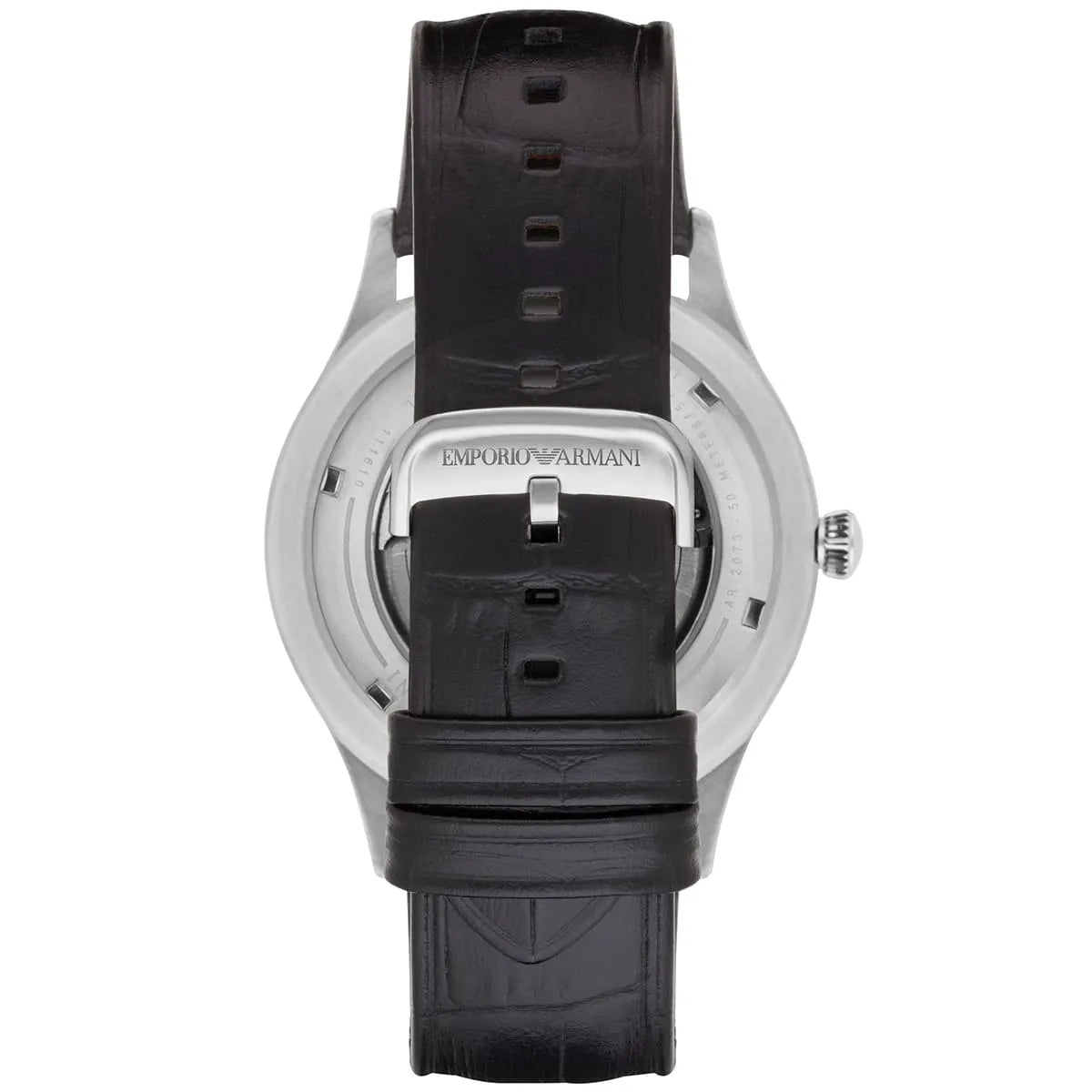 AR2072 Emporio Armani watch caseback showing black leather strap and stainless steel case