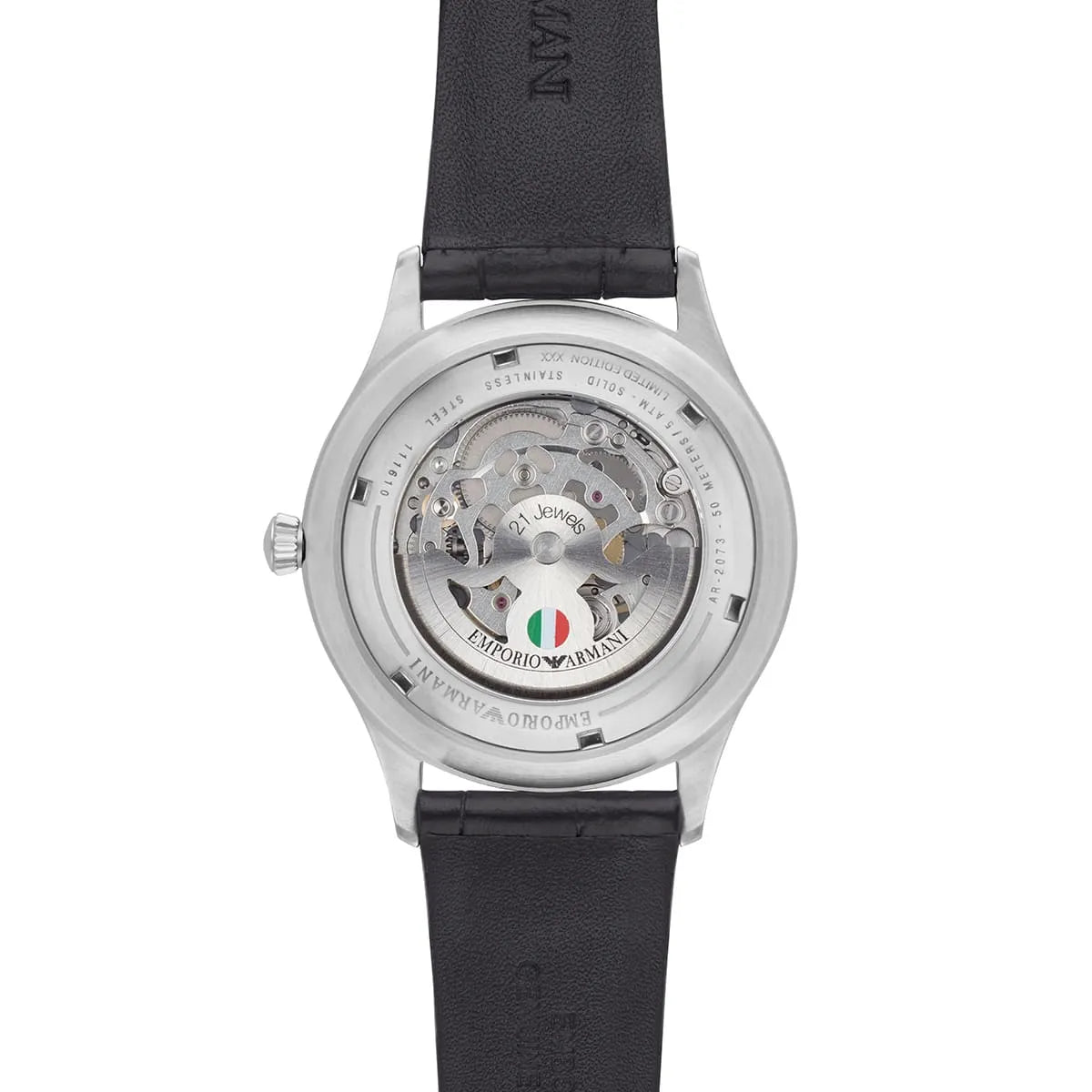 AR2072 Meccanico skeleton dial detail with visible movement and Italian flag marking