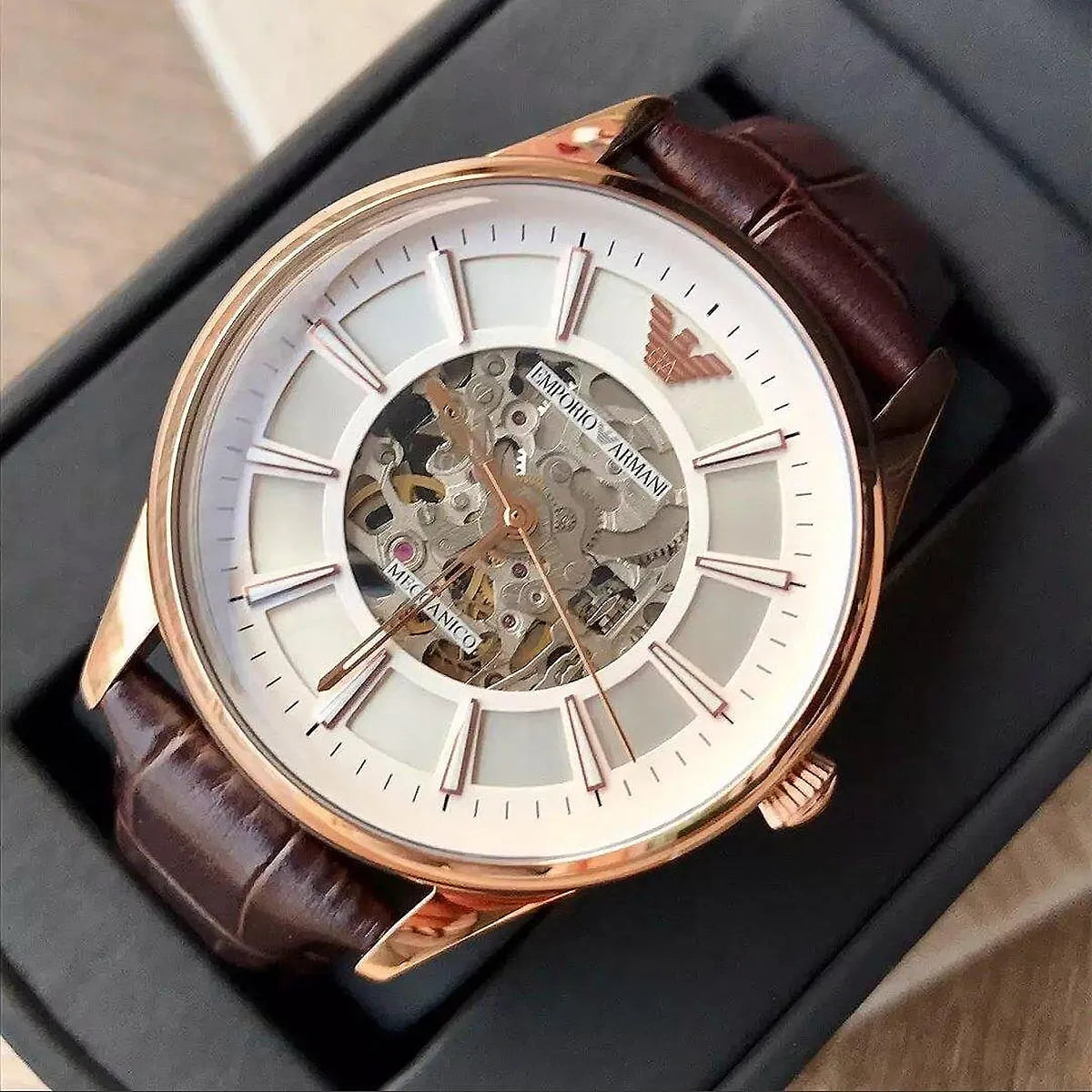 Close-up of Emporio Armani Beta AR2073 silver skeleton dial with visible automatic movement