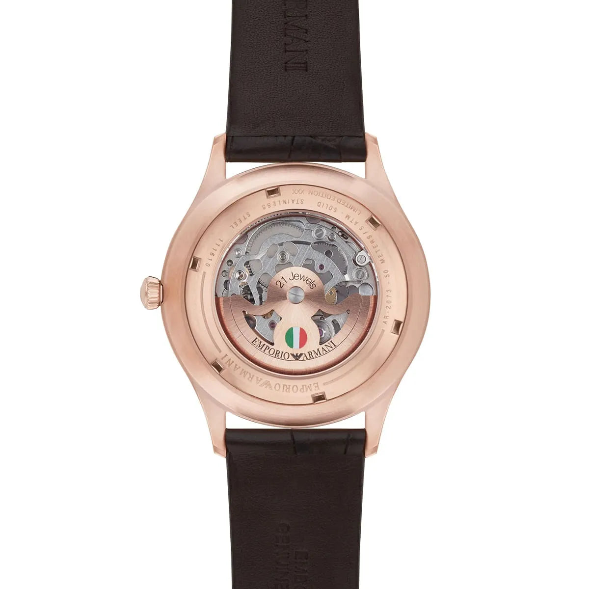 Emporio Armani Beta AR2073 watch showing skeleton dial movement and visible automatic mechanism