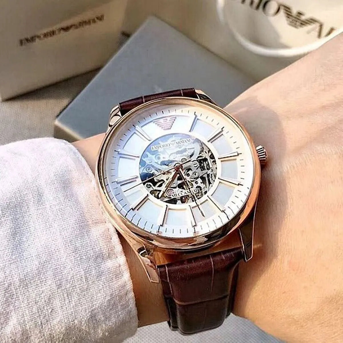 Emporio Armani Beta AR2073 on wrist showing rose gold case and brown crocodile strap