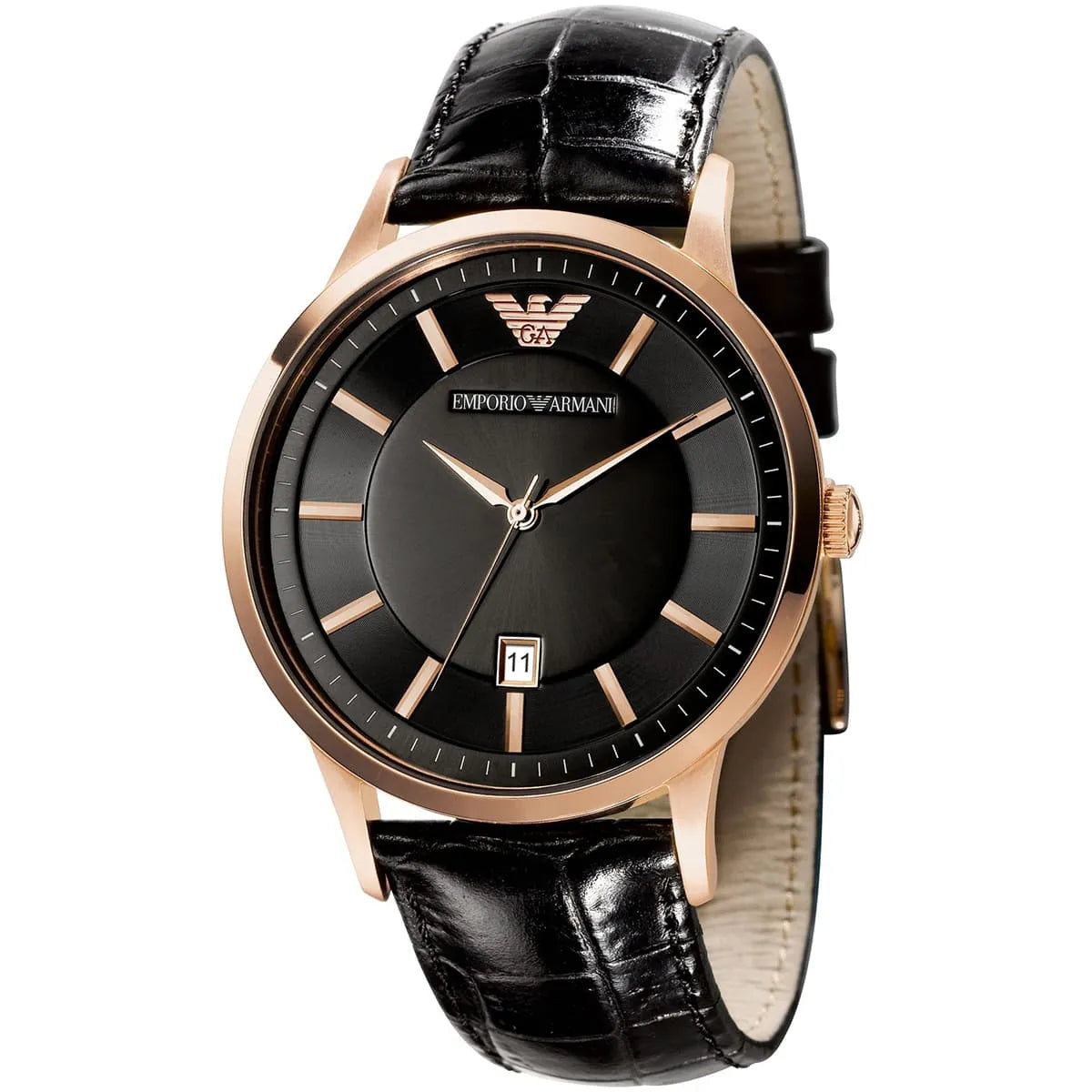 Emporio Armani Renato watch angled view showing black dial with rose gold and white indices