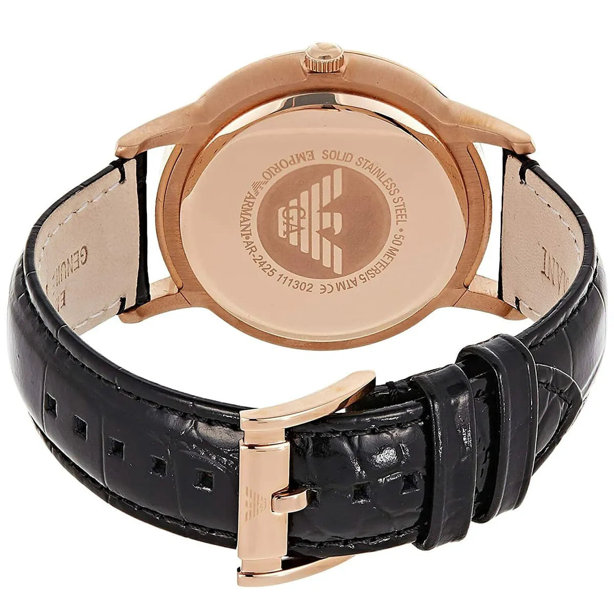 Emporio Armani Renato watch case detail showing rose gold finish and black leather strap