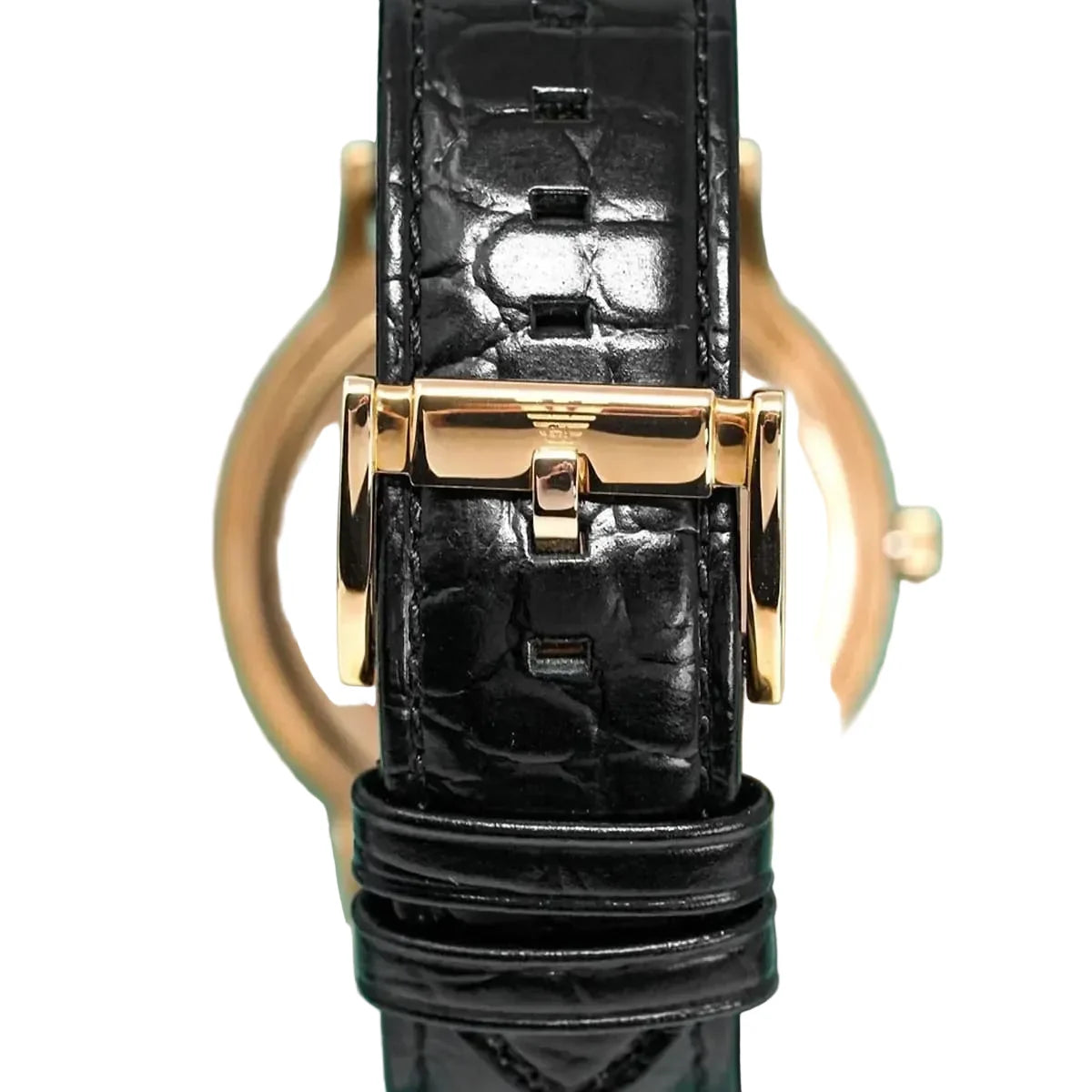 Emporio Armani Renato watch caseback showing rose gold case back with brand logo and black leather strap