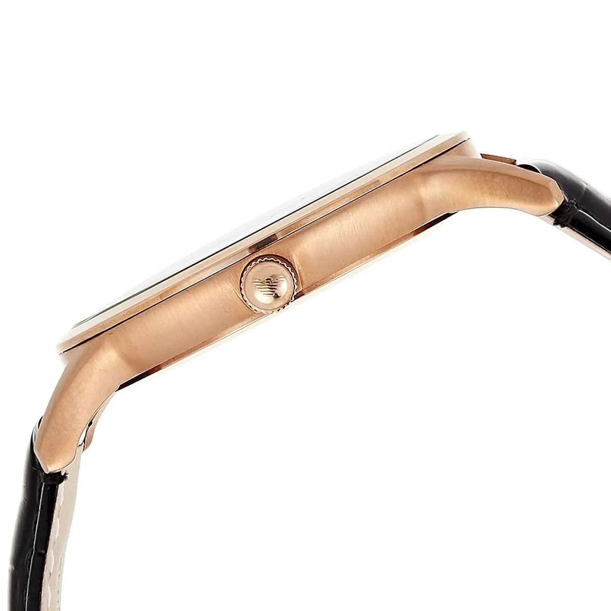Emporio Armani Renato watch side profile showing rose gold case lugs and crown detail