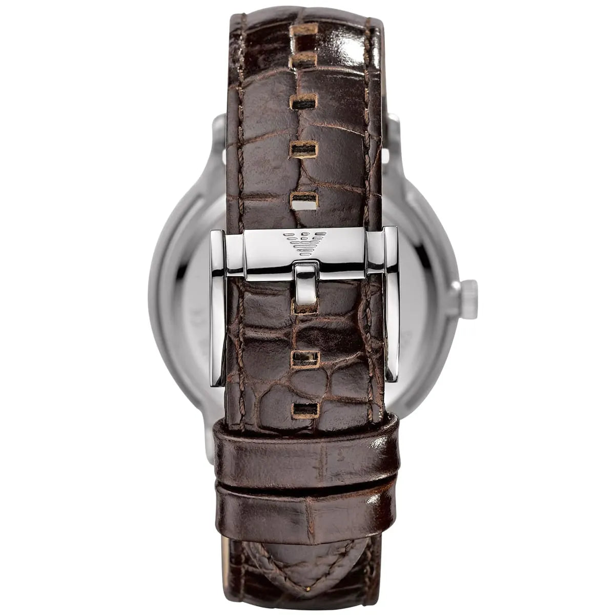 Emporio Armani AR2428 watch caseback showing silver case and brown leather strap with buckle
