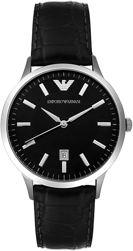Emporio Armani AR2429 quartz watch with silver case and crocodile-textured black leather strap