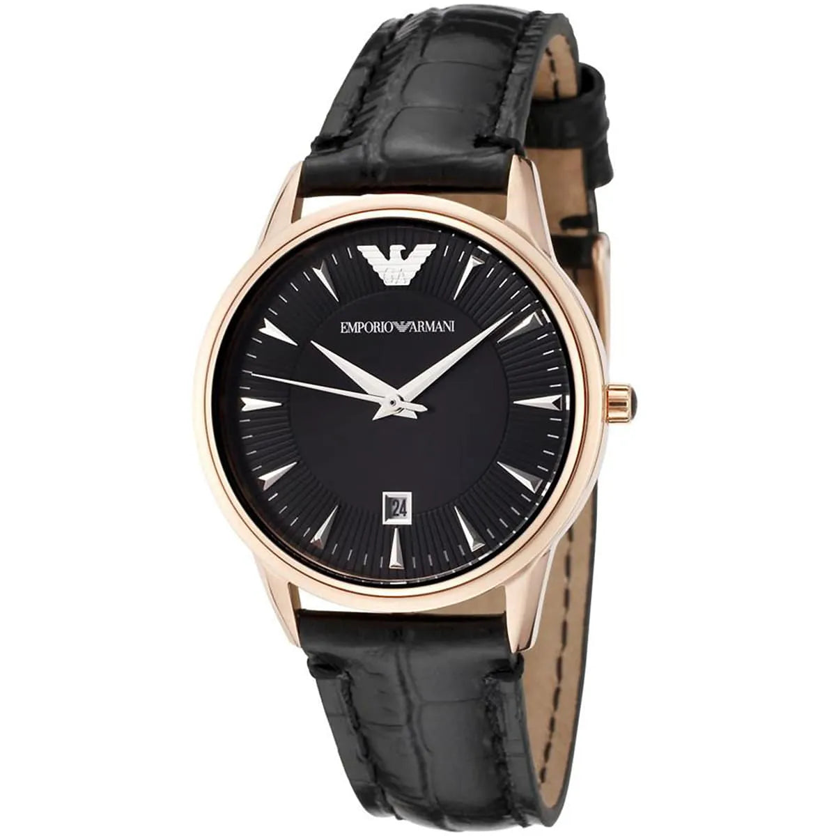 Emporio Armani AR2445 watch angled view showing black dial and rose gold case with leather strap