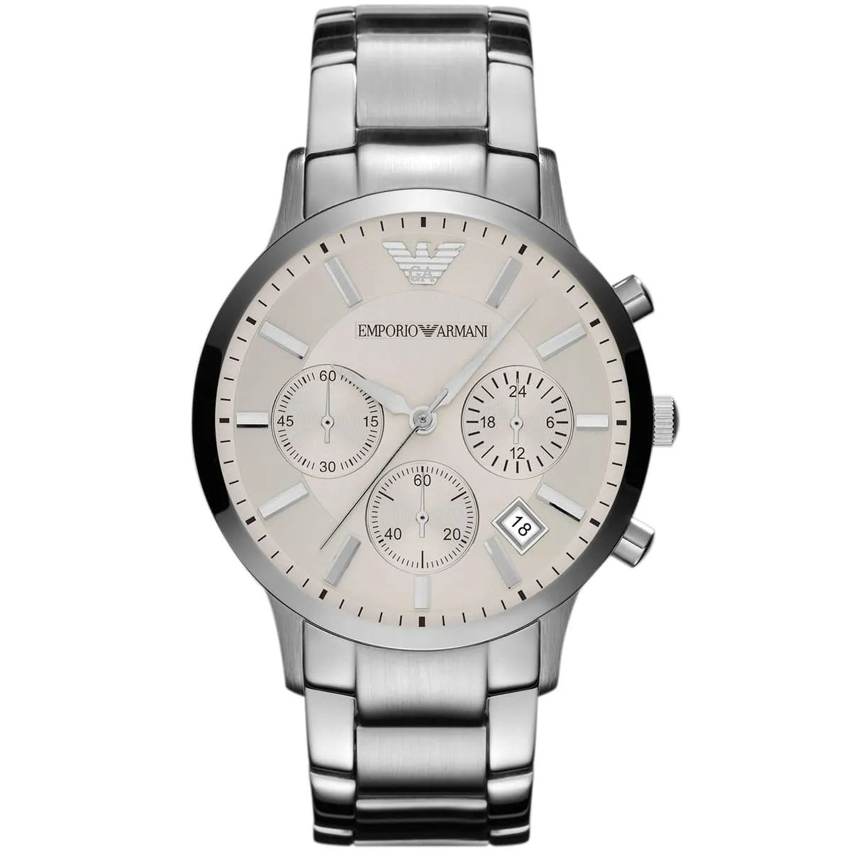 Emporio Armani Renato AR2459 three-quarter view showing white dial and silver metal strap
