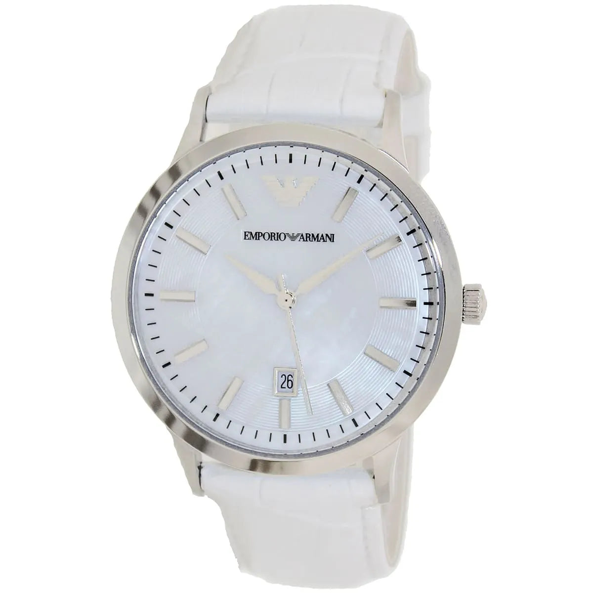 Emporio Armani Renato watch angled view showing pearl dial with applied indices and date window