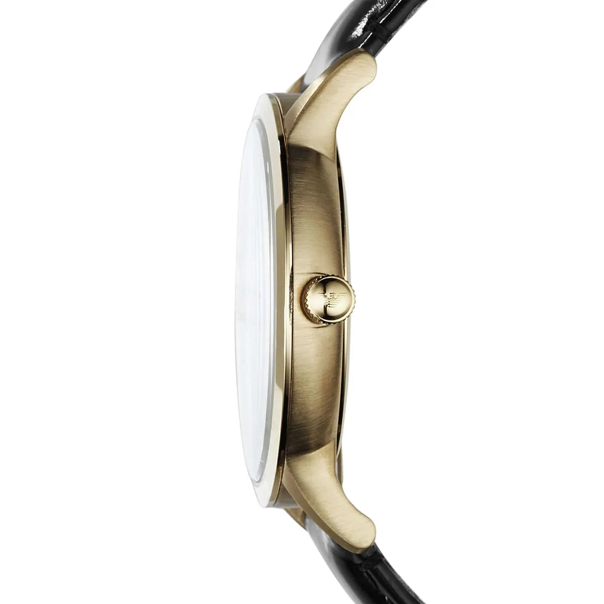 Side view of Emporio Armani AR2468 watch showing brushed stainless steel case profile