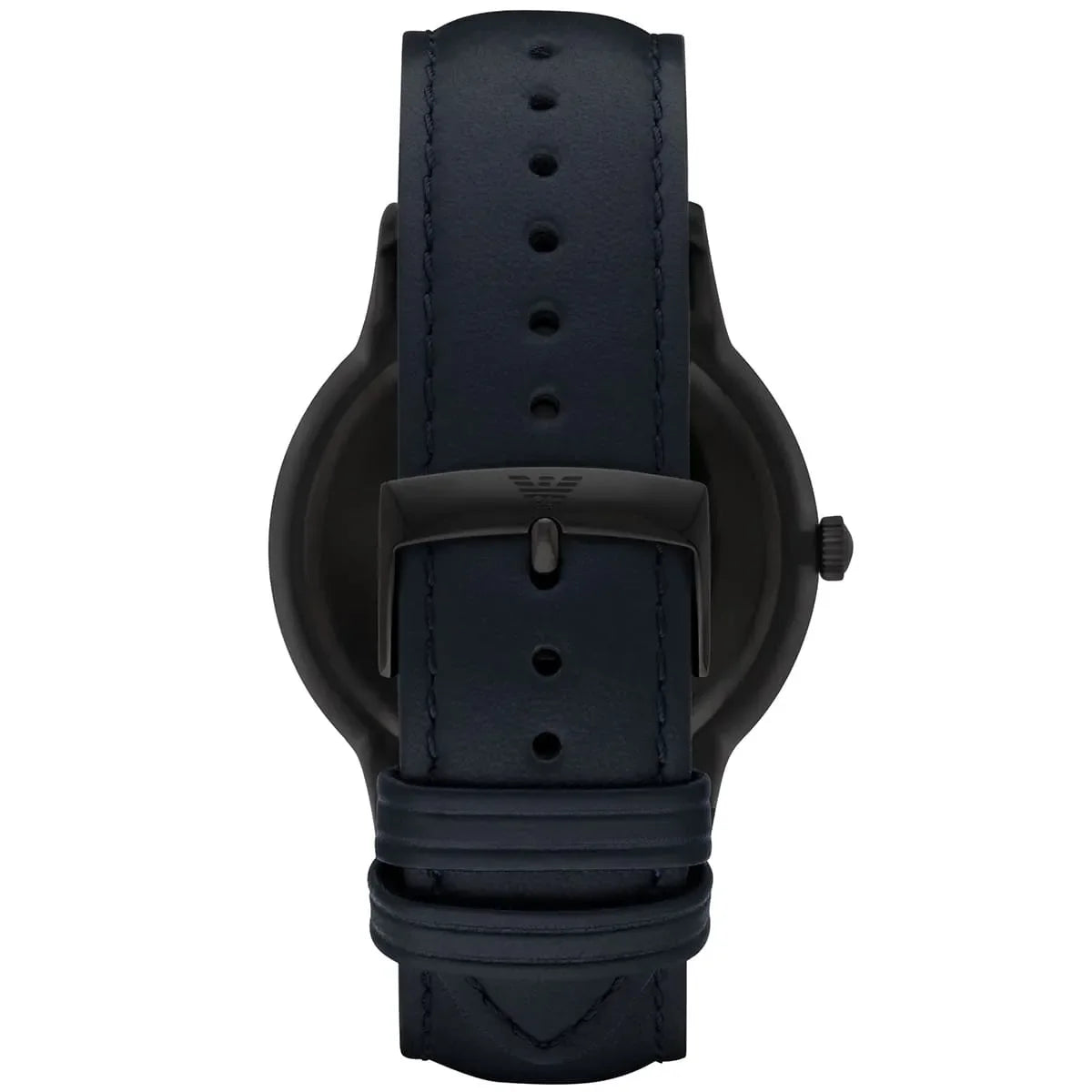 Emporio Armani Renato AR2479 watch caseback showing Armani eagle logo and blue leather strap