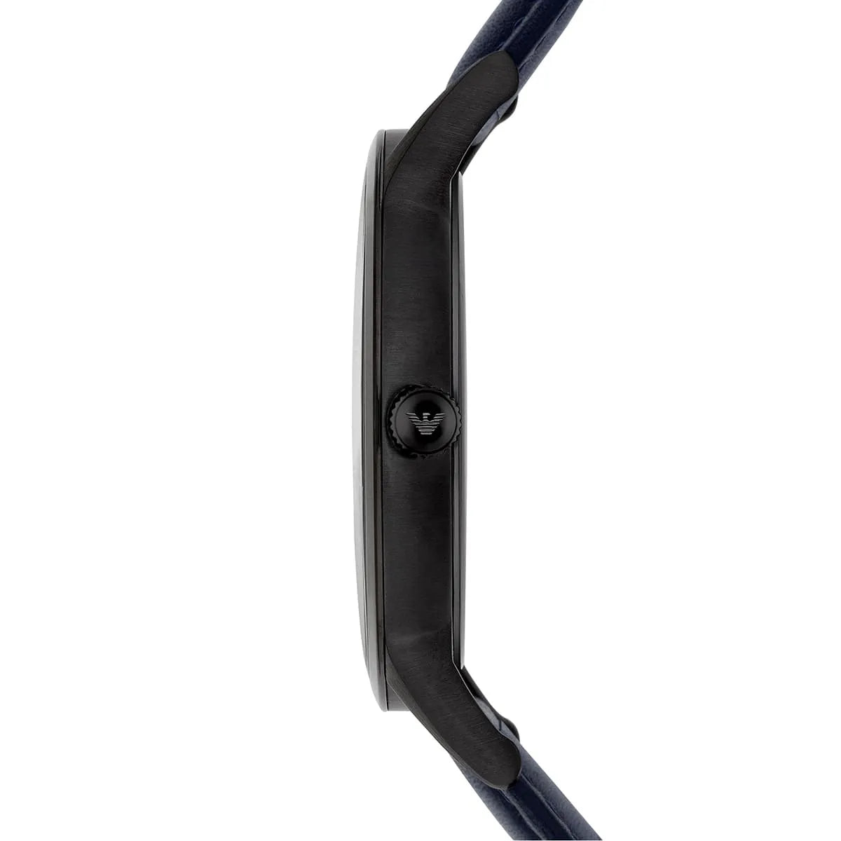 Emporio Armani Renato AR2479 watch showing case profile and blue leather band detail