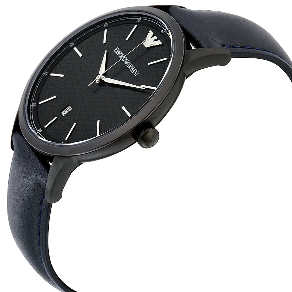 Emporio Armani Renato AR2479 side profile view showing black case and blue leather strap