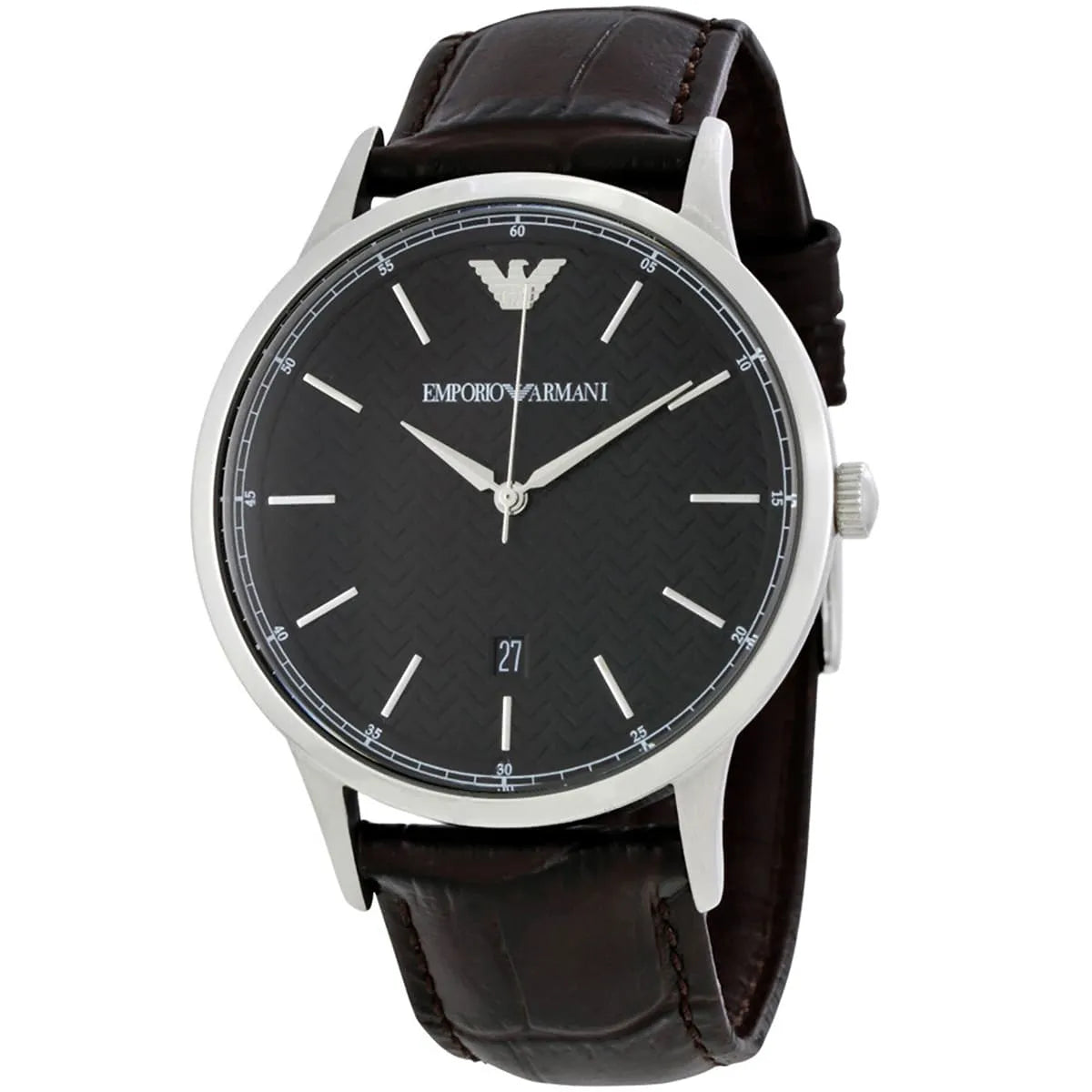 Emporio Armani AR2480 watch at angle showing black dial, silver case, and brown crocodile leather strap