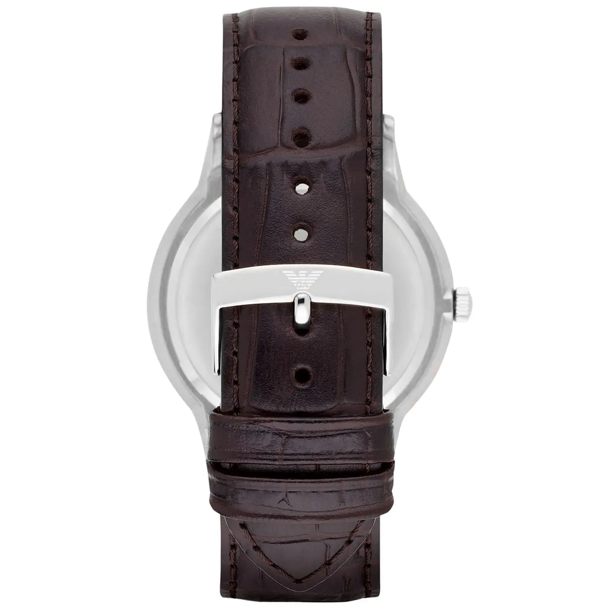 Emporio Armani AR2480 watch caseback showing stainless steel case and brown leather strap