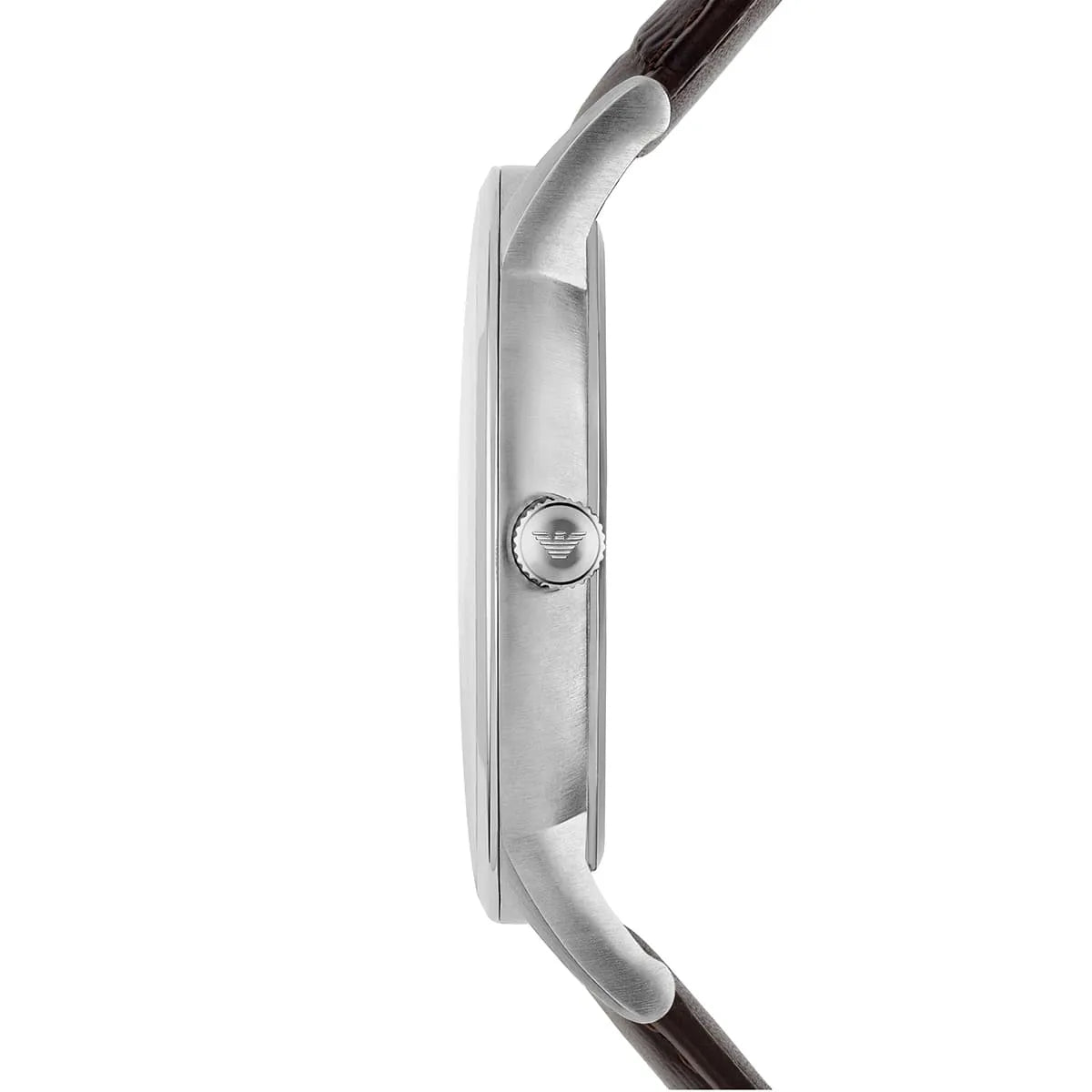 Emporio Armani AR2480 watch side view displaying case thickness and brown leather strap