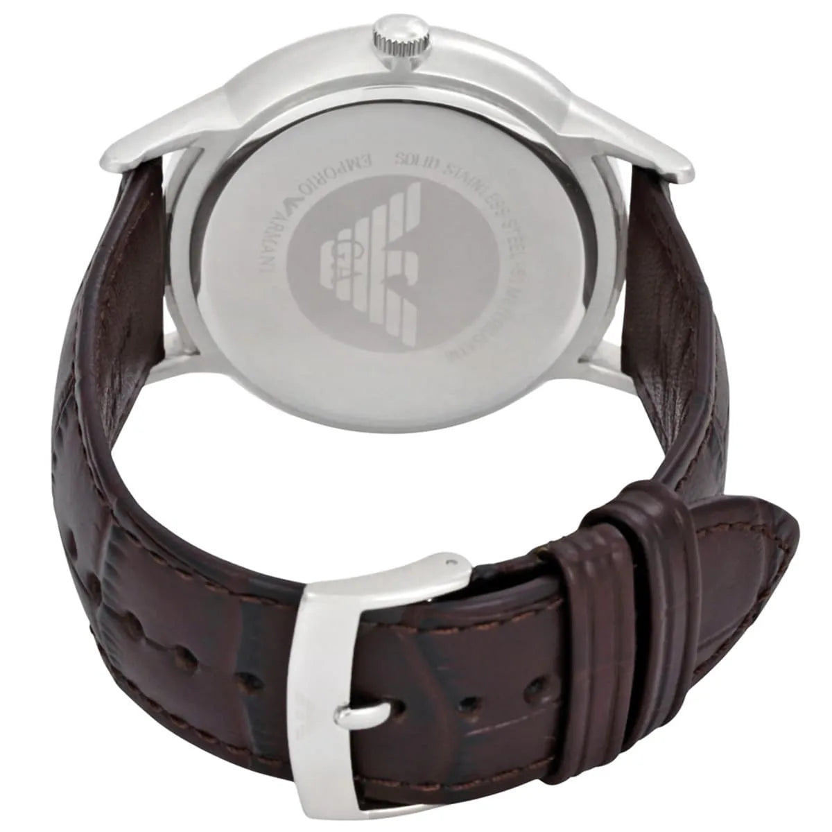 Emporio Armani AR2480 watch caseback detail with stainless steel case back and leather strap
