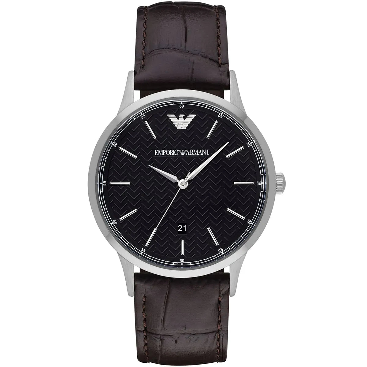 Emporio Armani AR2480 men's watch with black dial, silver case, and brown leather strap, front view