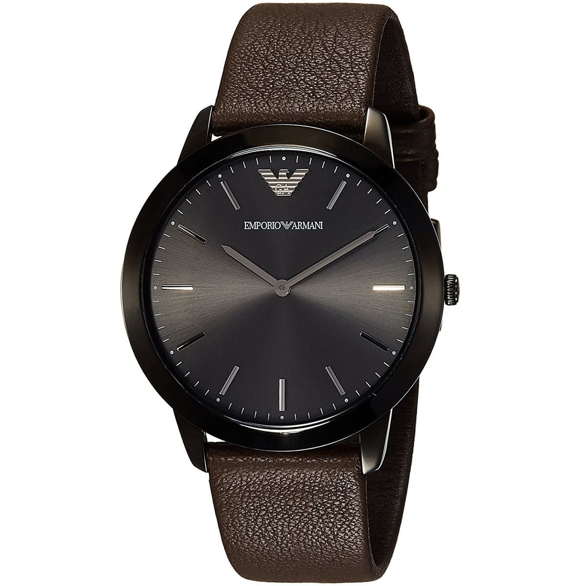 Emporio Armani AR2483 watch angled view showing black case and brown leather band