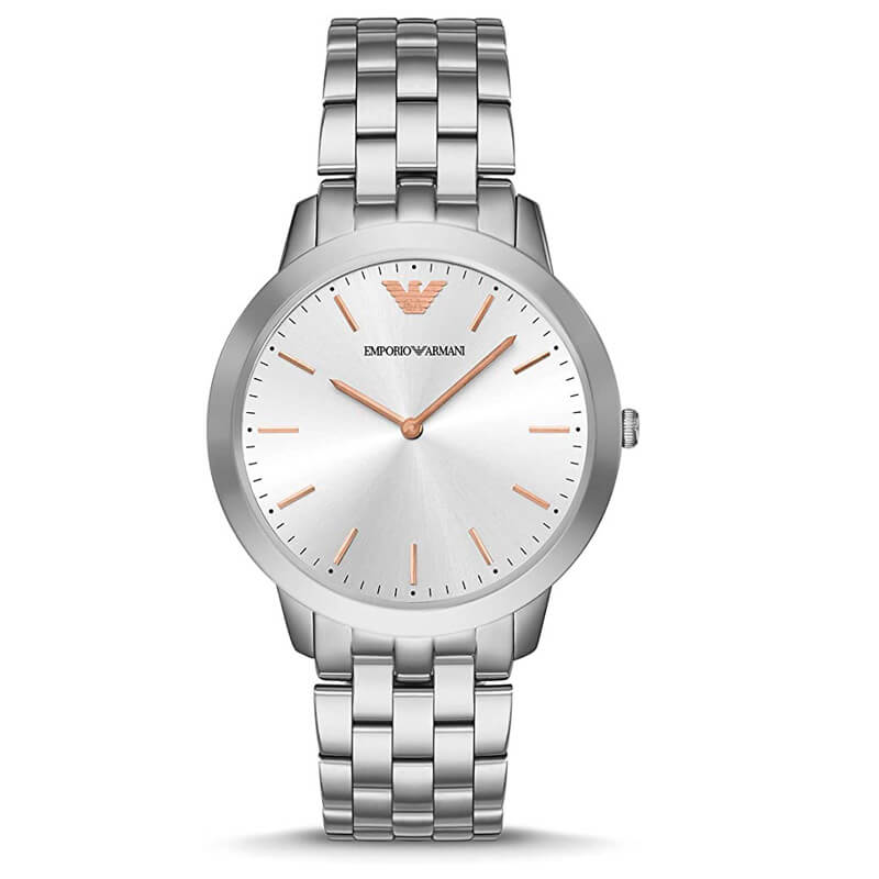 Emporio Armani AR2484 watch front view showing silver dial with rose gold hands and hour markers