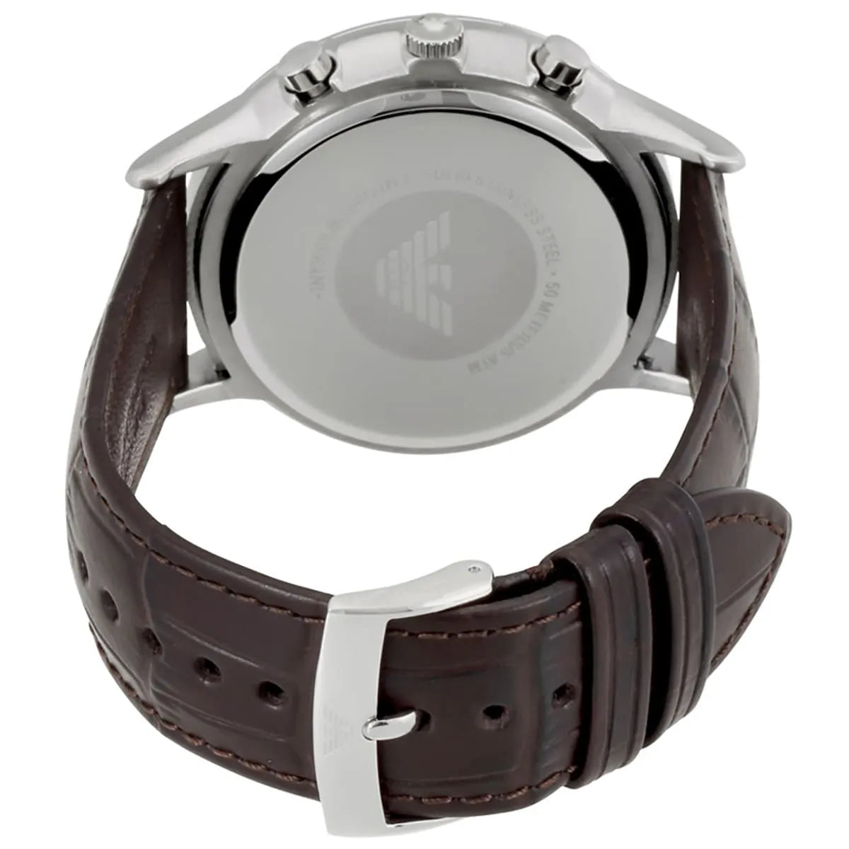 Emporio Armani AR2494 caseback view displaying stainless steel backing plate