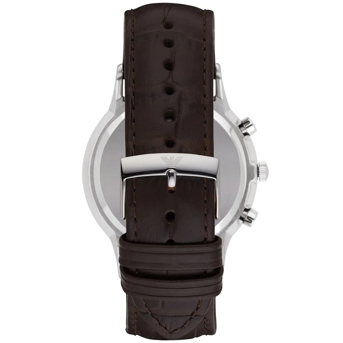 Caseback of Emporio Armani AR2494 Renato Large watch showing stainless steel case