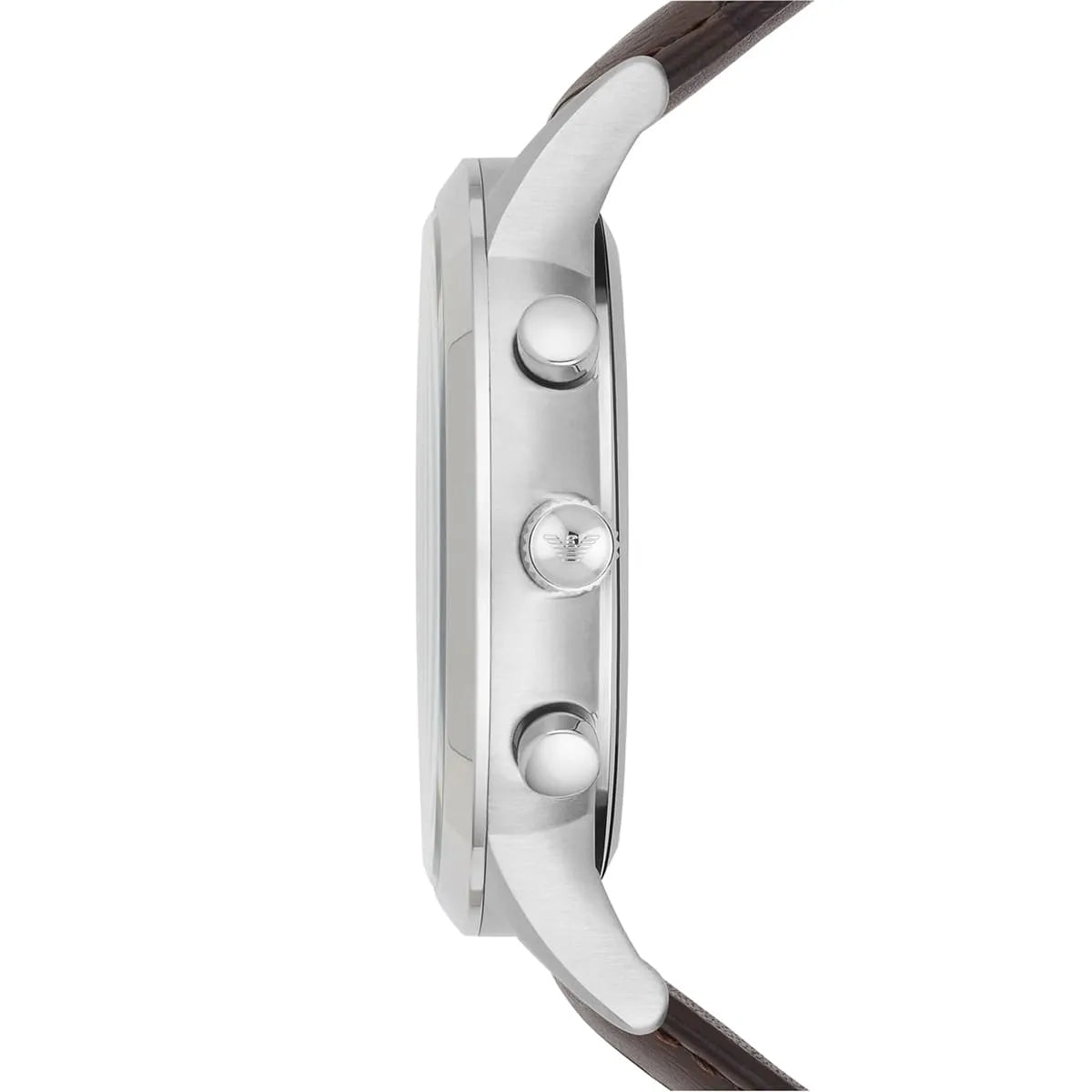 Profile view of AR2494 Renato watch showing chronograph pushers and stainless steel case