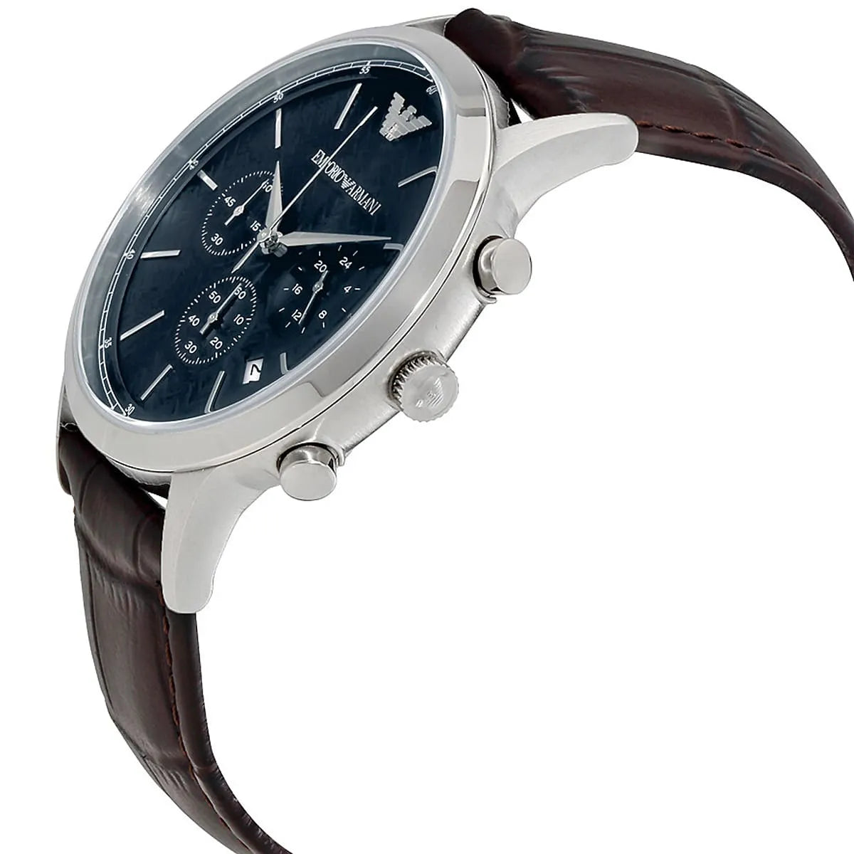 Side view of Emporio Armani Renato Large AR2494 chronograph with pushers and brown strap