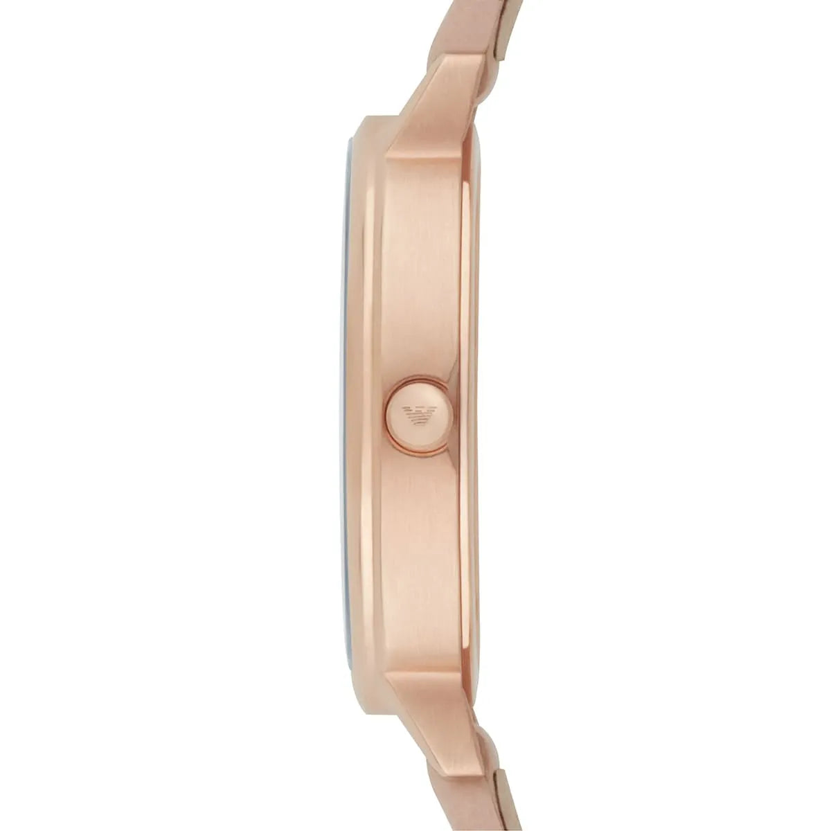 Side profile of AR2512 showing rose gold T-bar case depth and leather strap