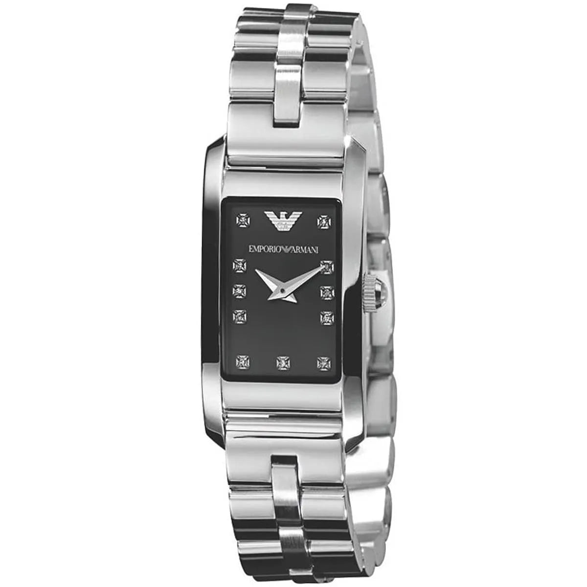 AR3166 Emporio Armani watch 3/4 angle view showing rectangular case and silver metal band