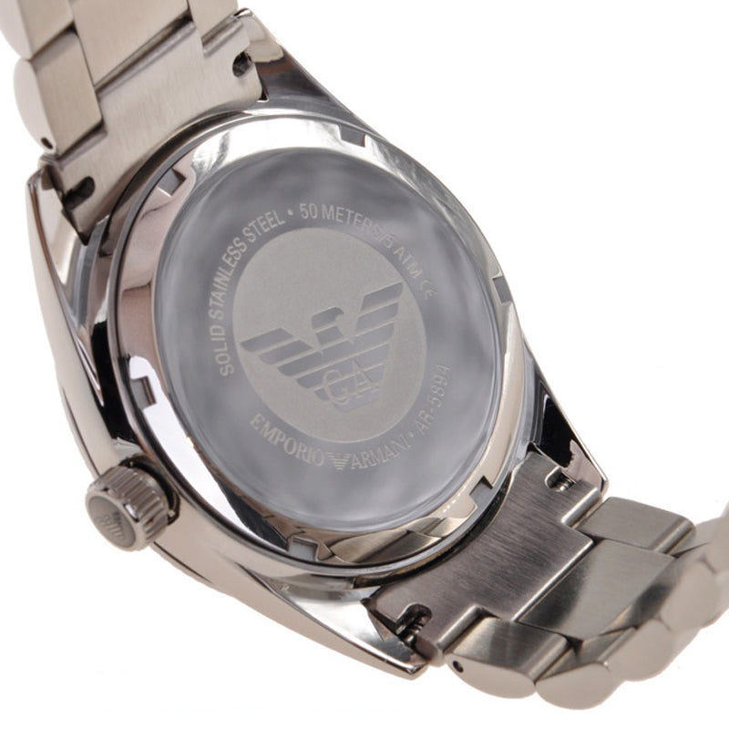 AR5894 caseback with stainless steel construction and Emporio Armani eagle logo