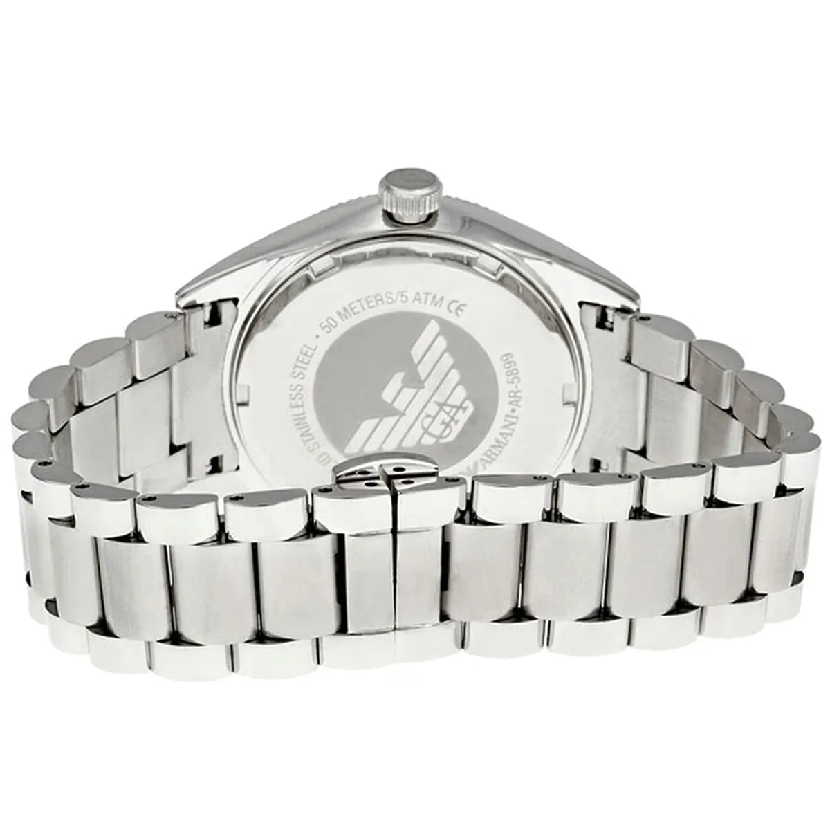 Emporio Armani AR5899 watch caseback showing stainless steel case and water resistance rating
