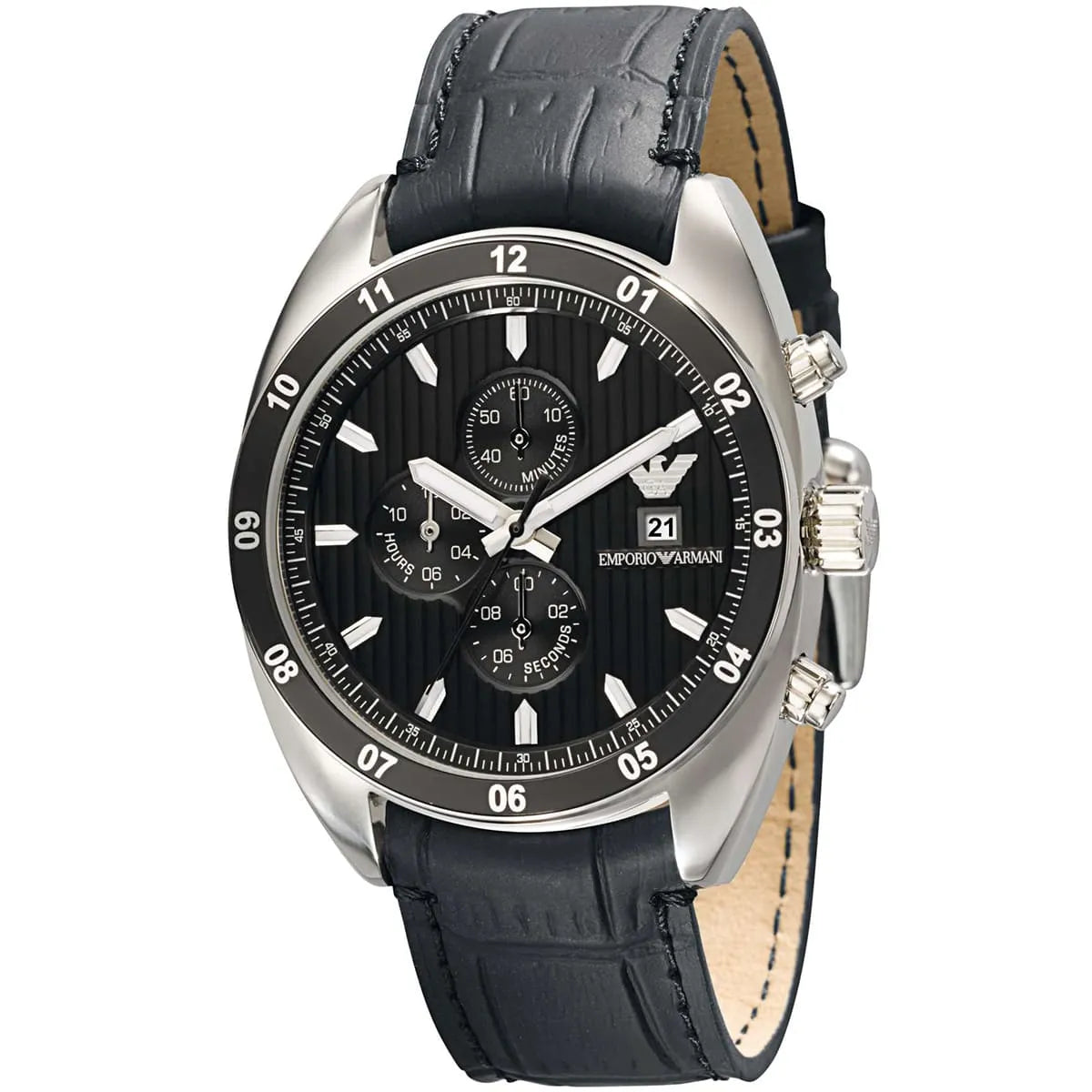 Emporio Armani Sportivo AR5914 angled view showing black leather strap and chronograph subdials