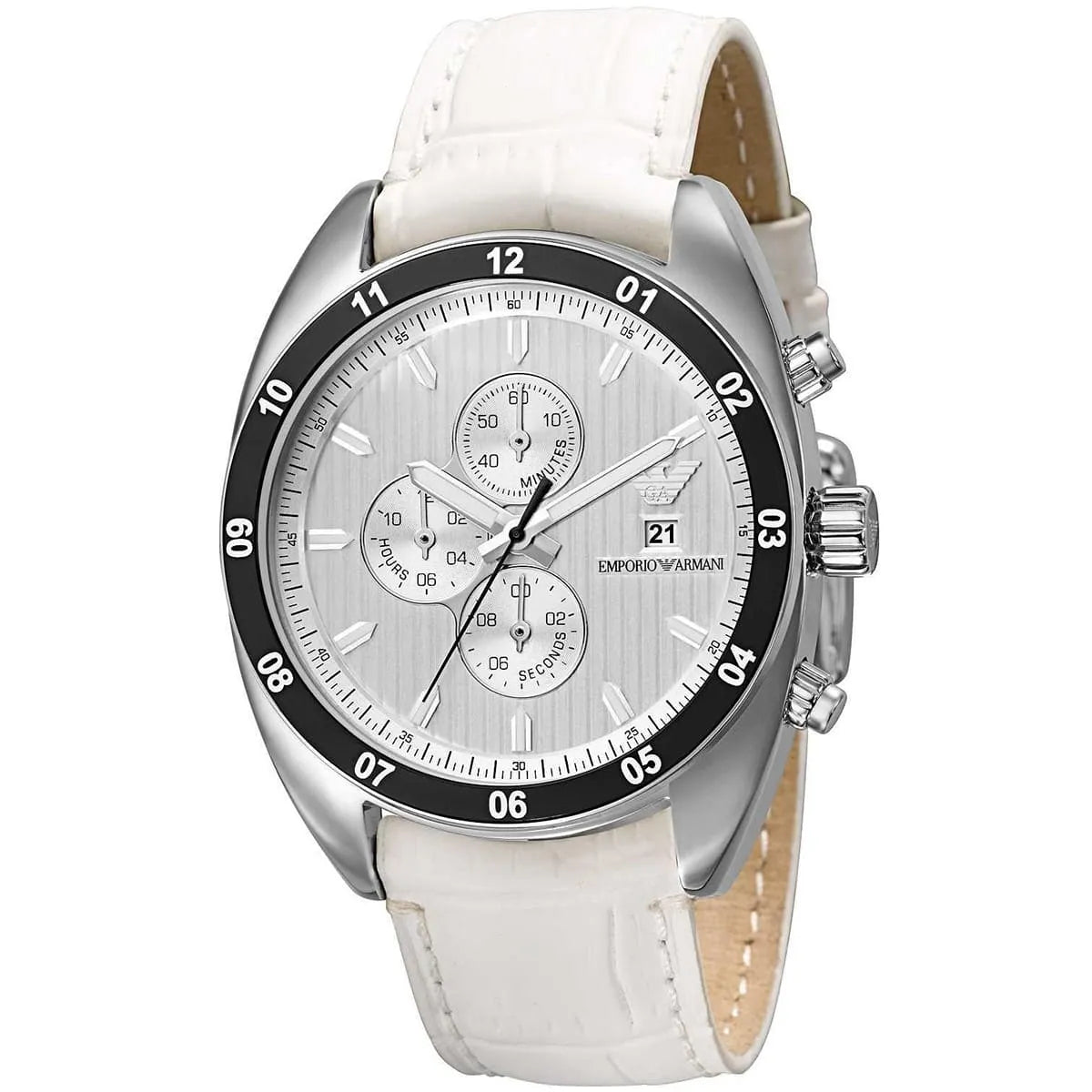Emporio Armani Sportivo AR5915 three-quarter view showing white dial, black bezel, and white leather strap