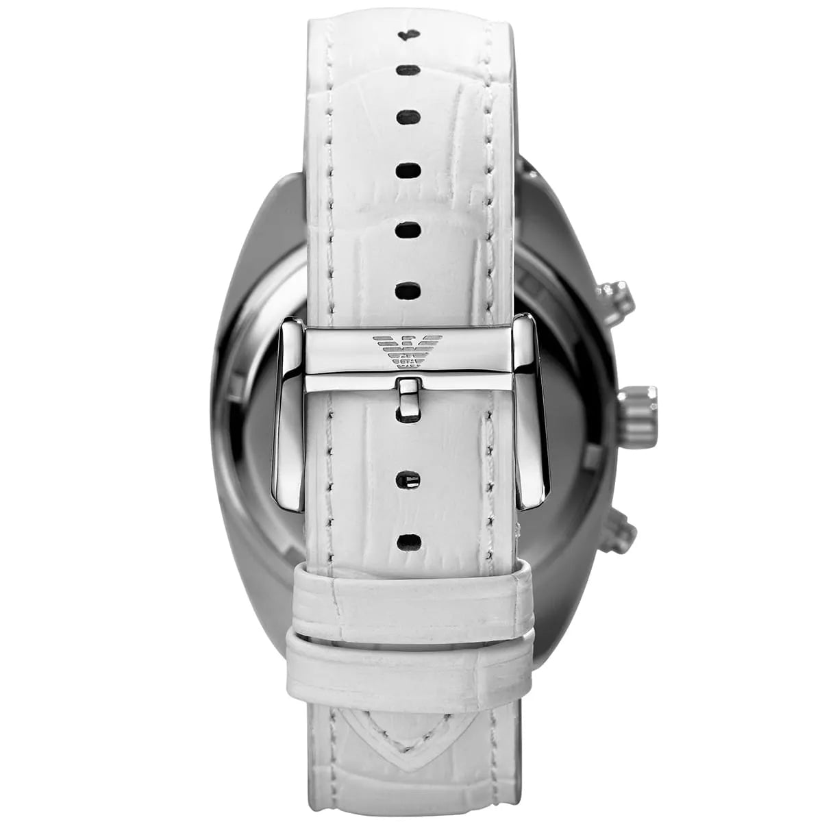 Emporio Armani Sportivo AR5915 caseback view displaying stainless steel case and white leather strap
