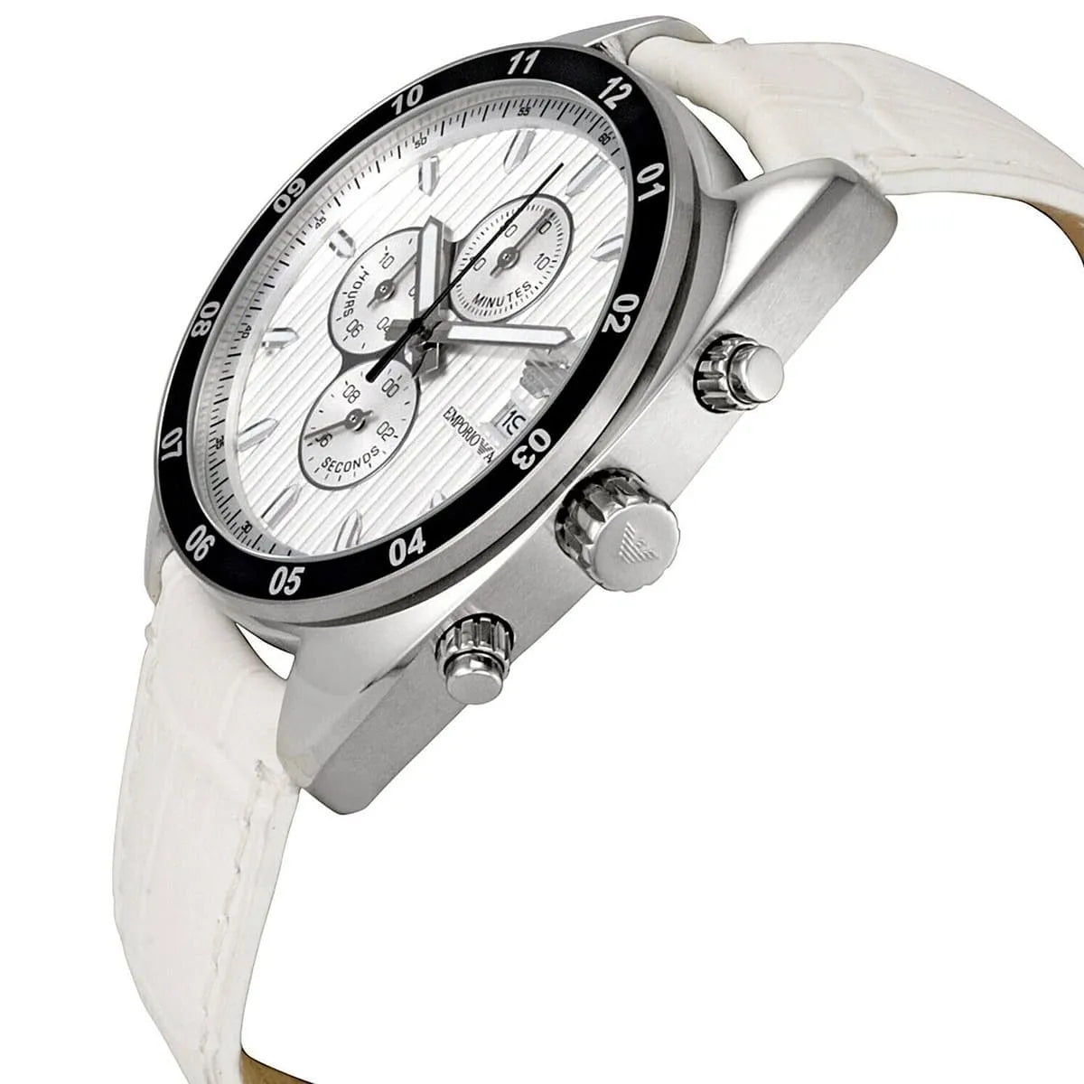 Emporio Armani Sportivo AR5915 side view showing chronograph pushers and white leather strap
