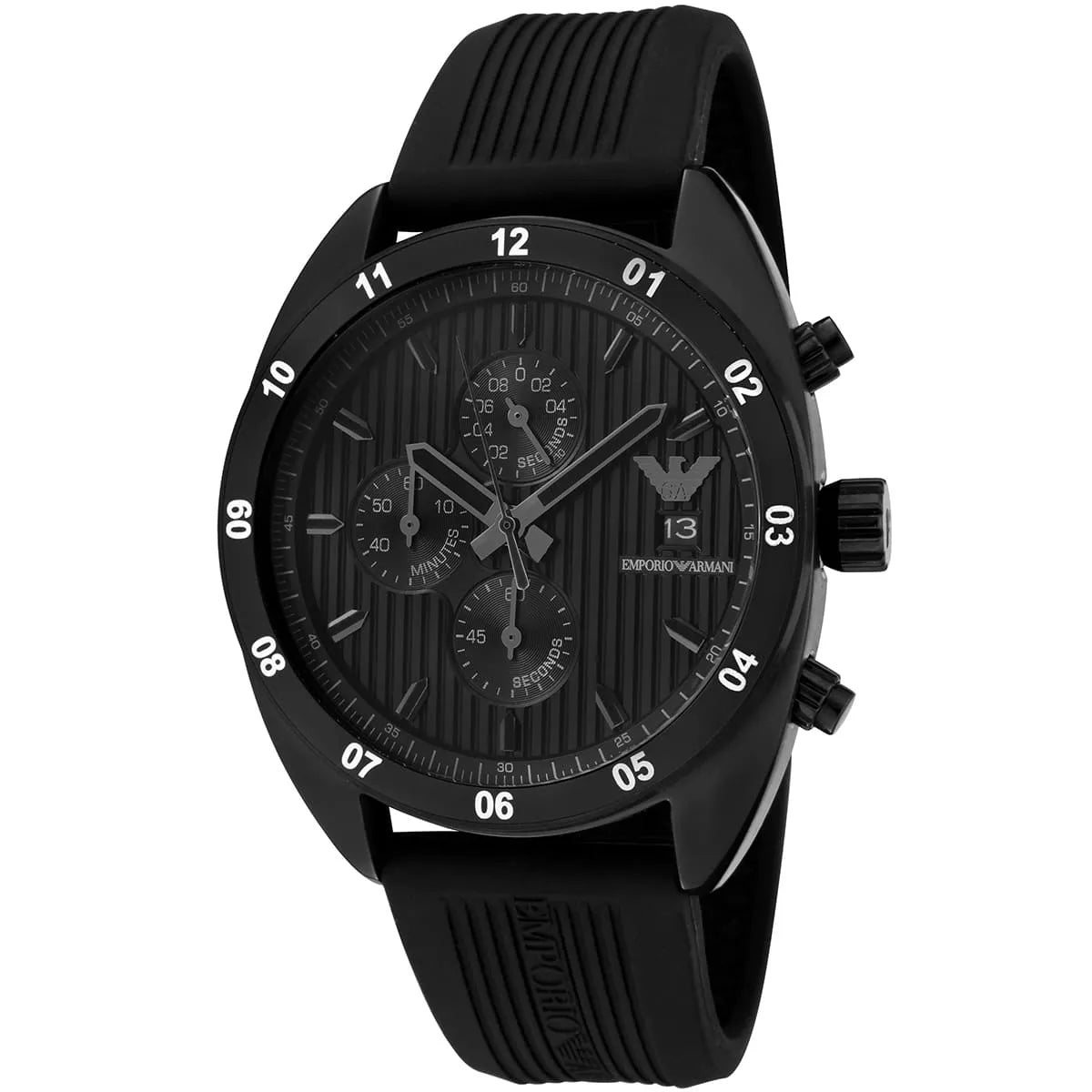 Emporio Armani AR5928 chronograph watch three-quarter view showing black case and rubber strap
