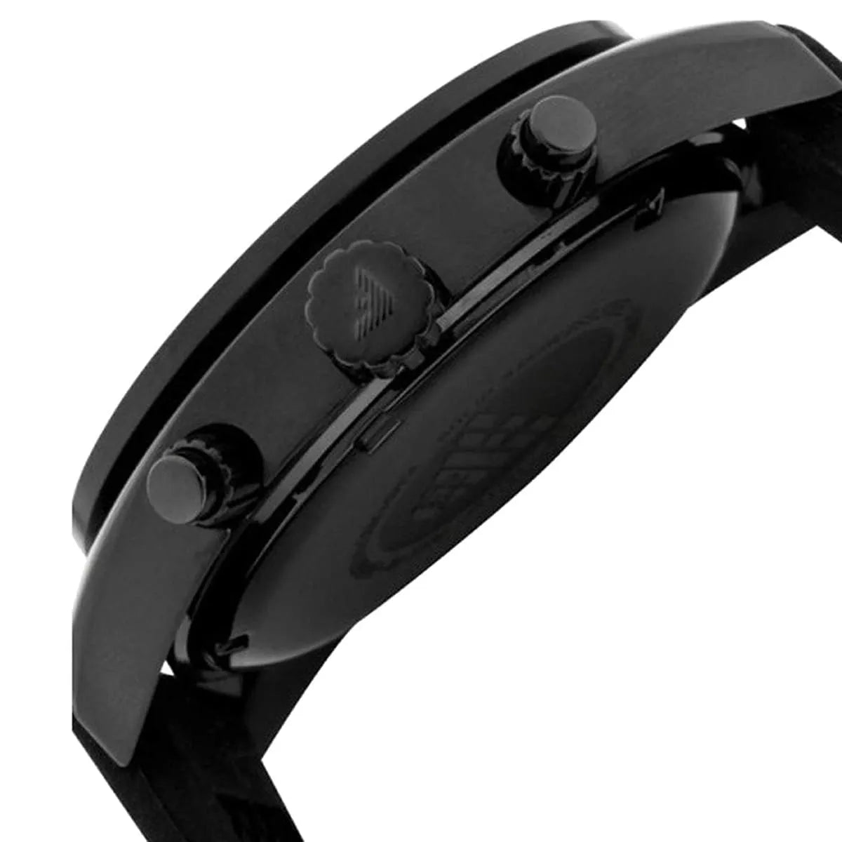 Emporio Armani AR5928 side profile showing chronograph pushers and black rubber strap