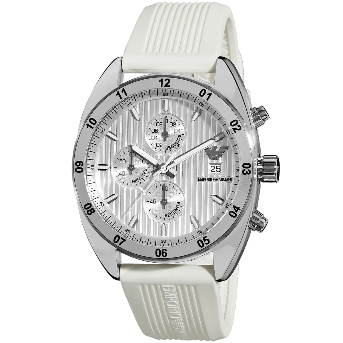 Emporio Armani AR5929 watch angled view showing chronograph subdials and white strap