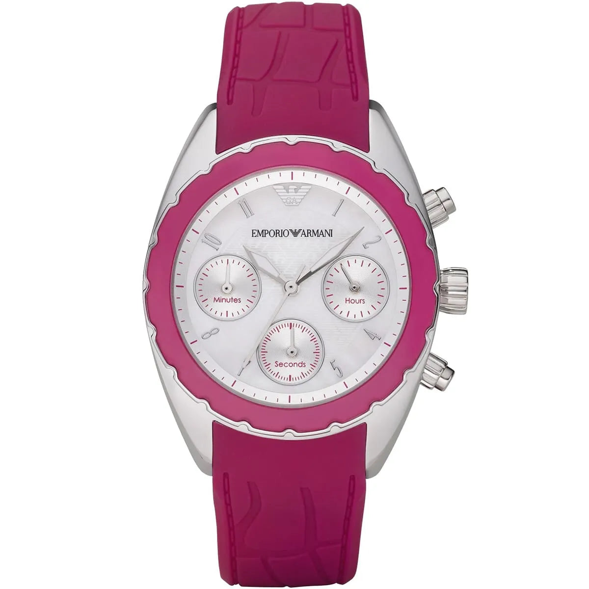 Emporio Armani Sport Chronograph watch with white dial, hot pink silicone strap and three subdials