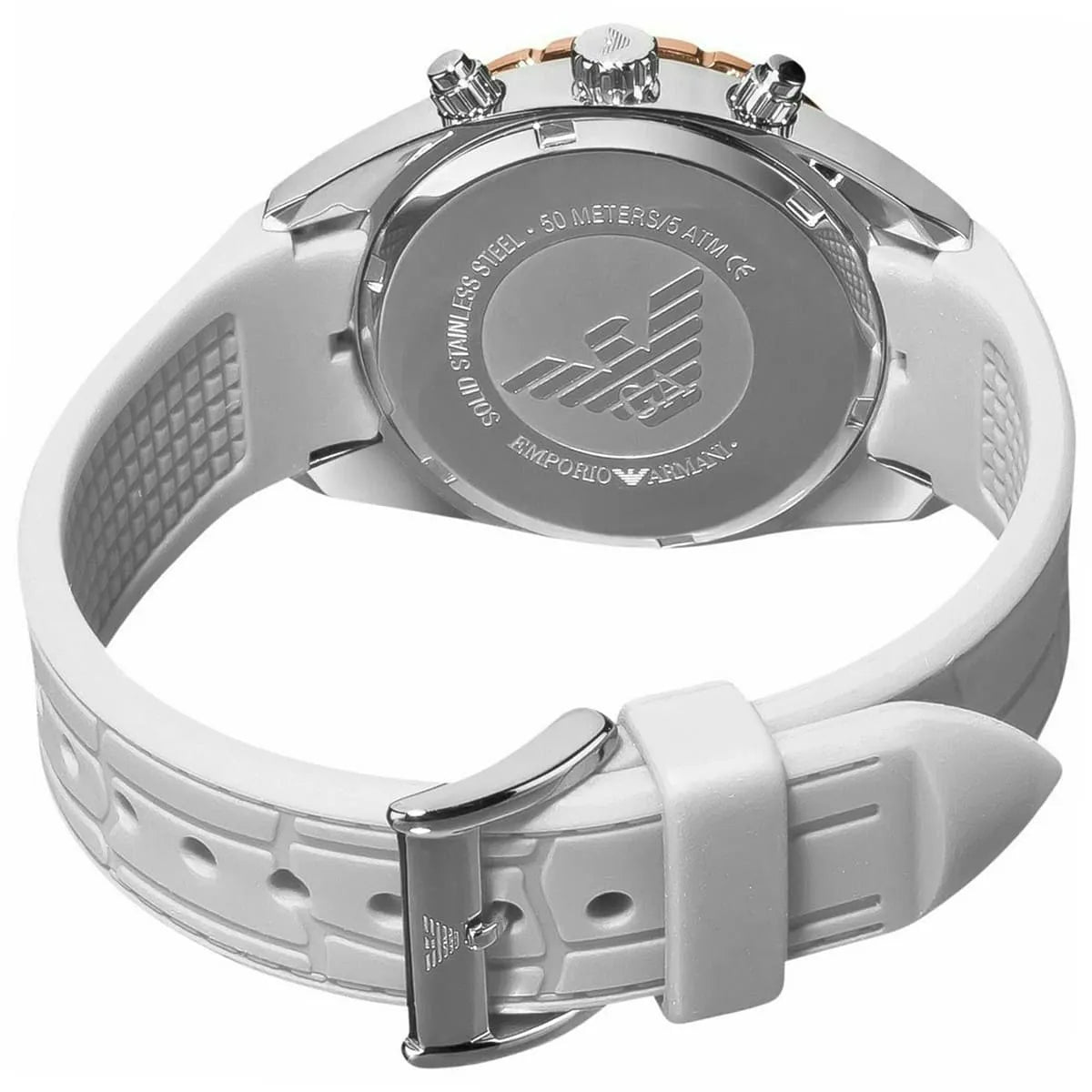 Emporio Armani AR5938 watch caseback showing stainless steel case with engraved eagle logo and white rubber strap