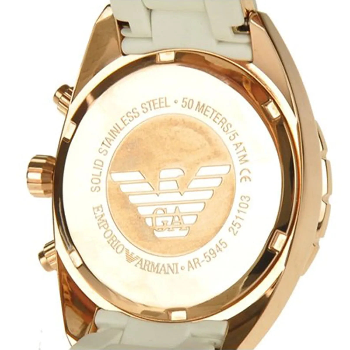Emporio Armani AR5945 caseback showing solid stainless steel with eagle logo and water resistance marking