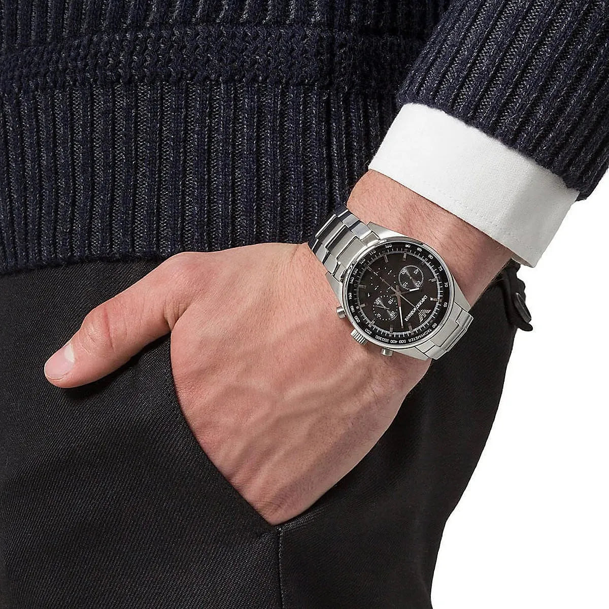 AR5980 chronograph watch on wrist with dark sweater styling