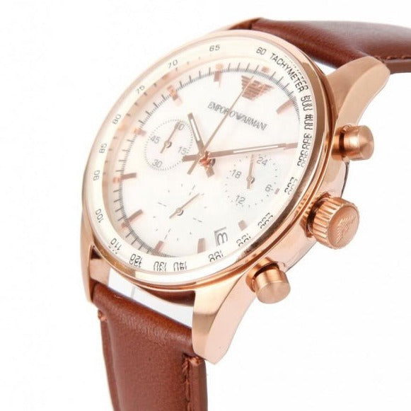 Emporio Armani AR5996 chronograph watch at three-quarter angle with brown leather strap