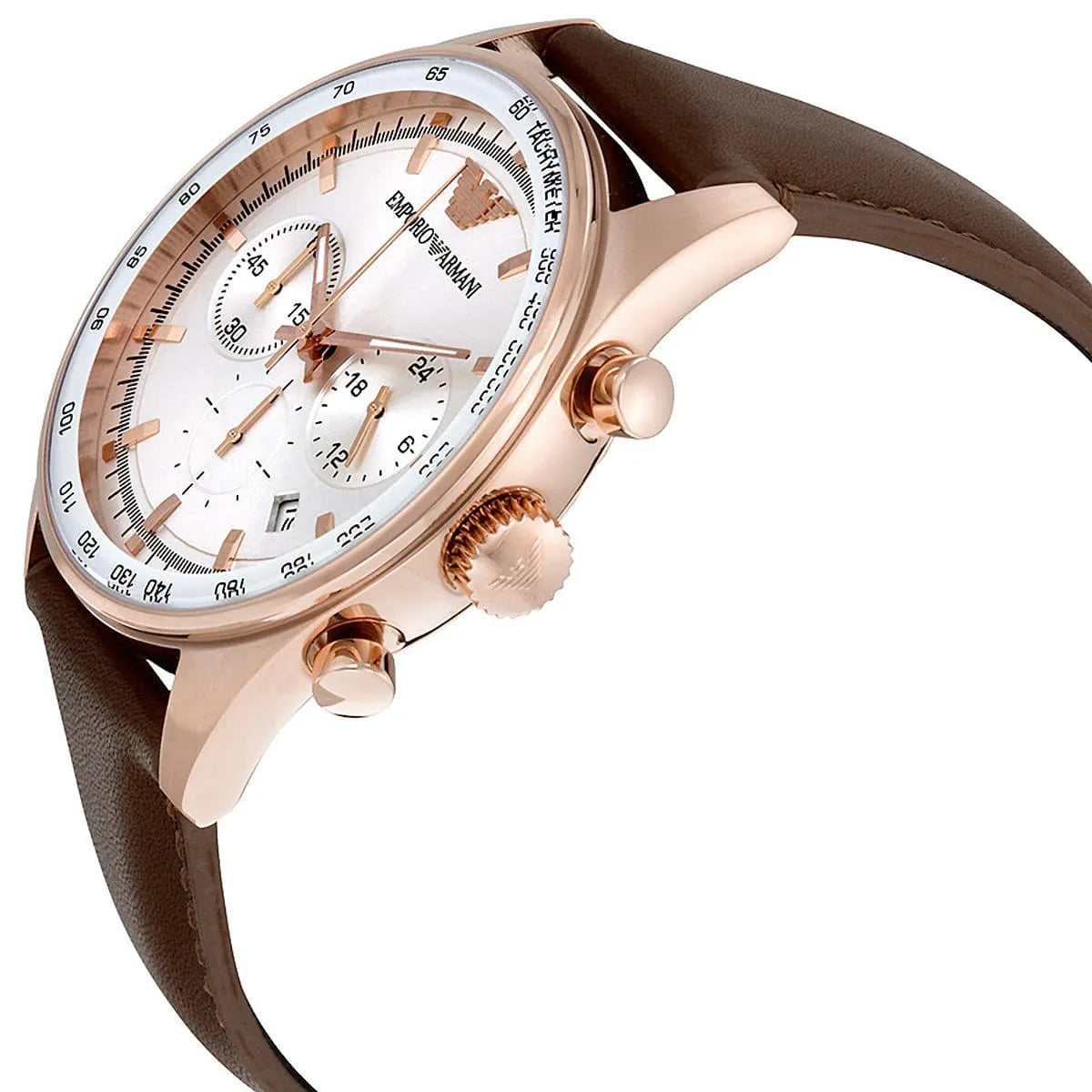 AR5996 Emporio Armani watch displayed at angle showing rose gold case and chronograph subdials