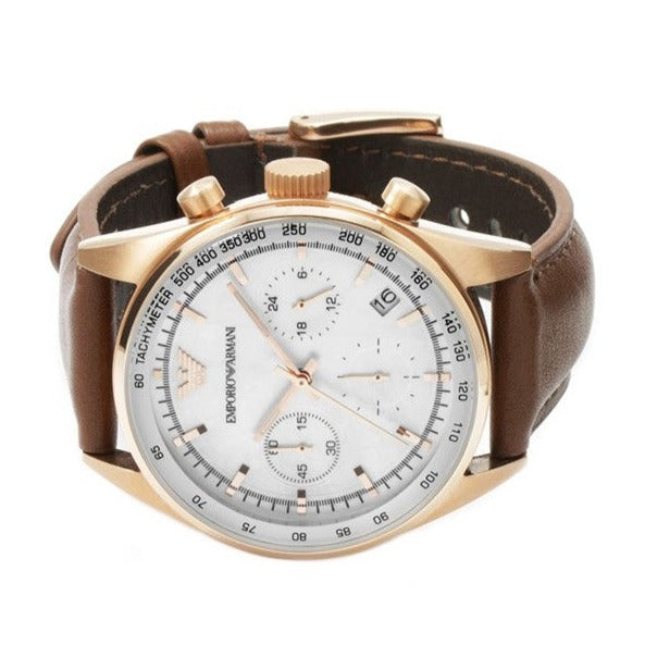 Close-up of Emporio Armani Sportivo AR5996 chronograph dial with tachymeter scale and subdials