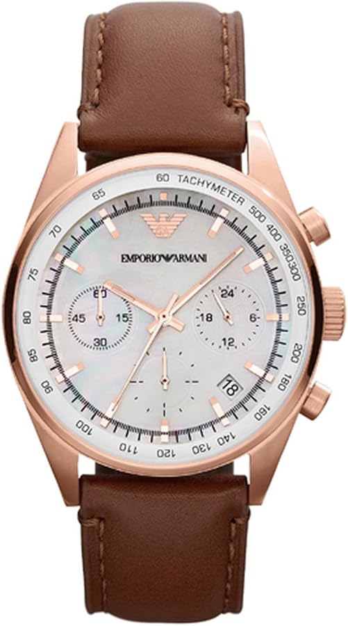 Emporio Armani Sportivo AR5996 chronograph watch with white dial and brown leather strap