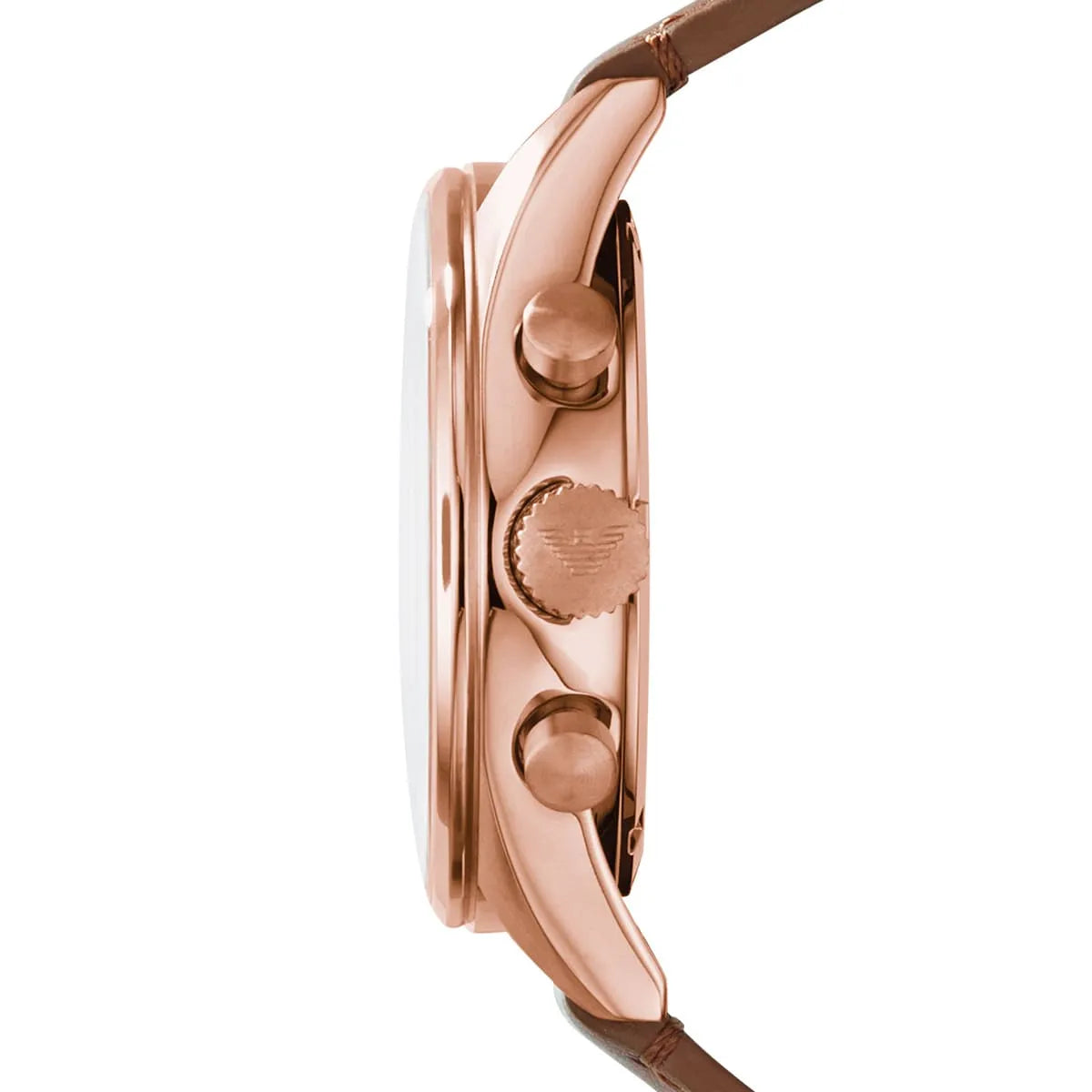 Side profile of Emporio Armani Sportivo AR5996 showing rose gold case and pushers