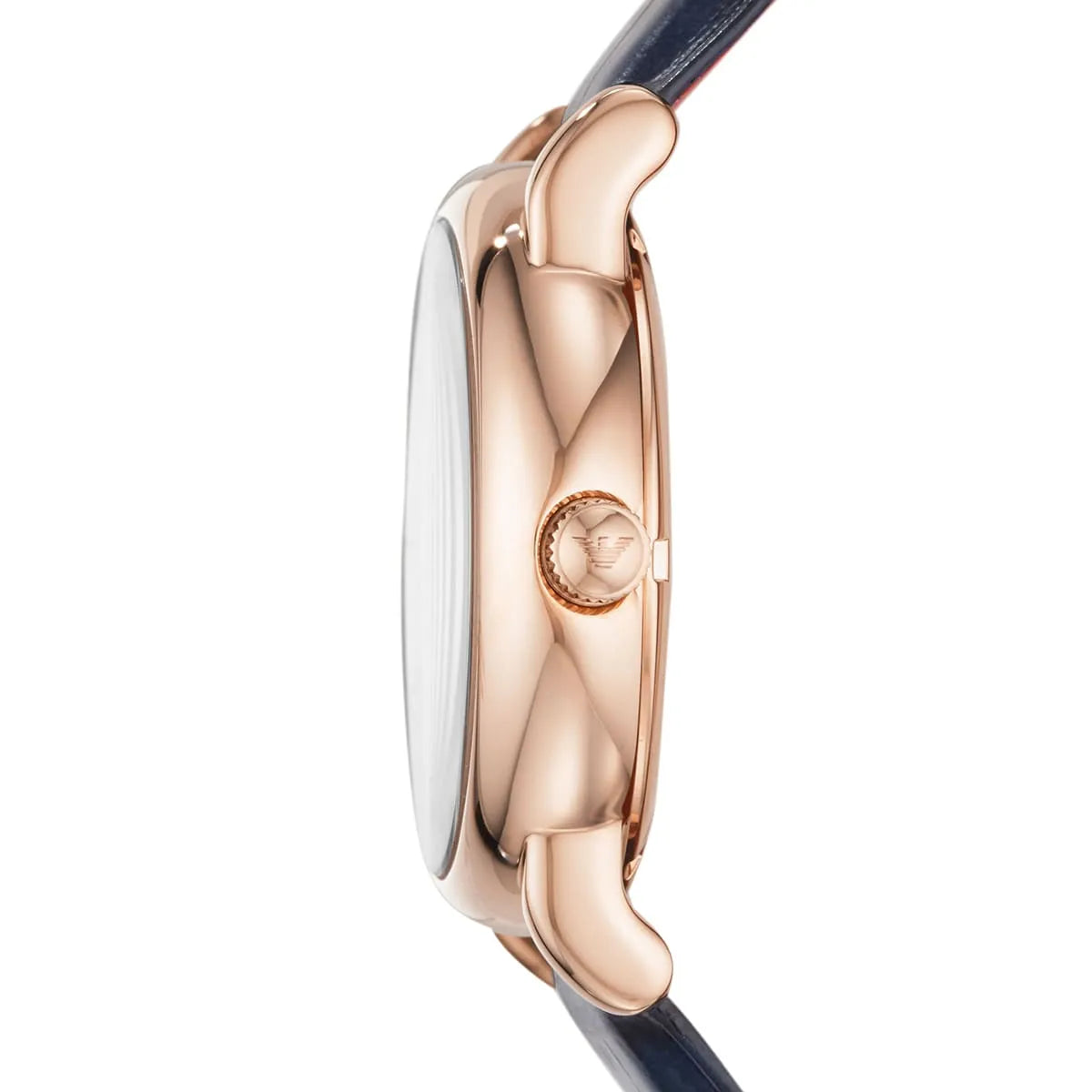 Emporio Armani AR60009 skeleton watch side profile with rose gold case and navy leather strap